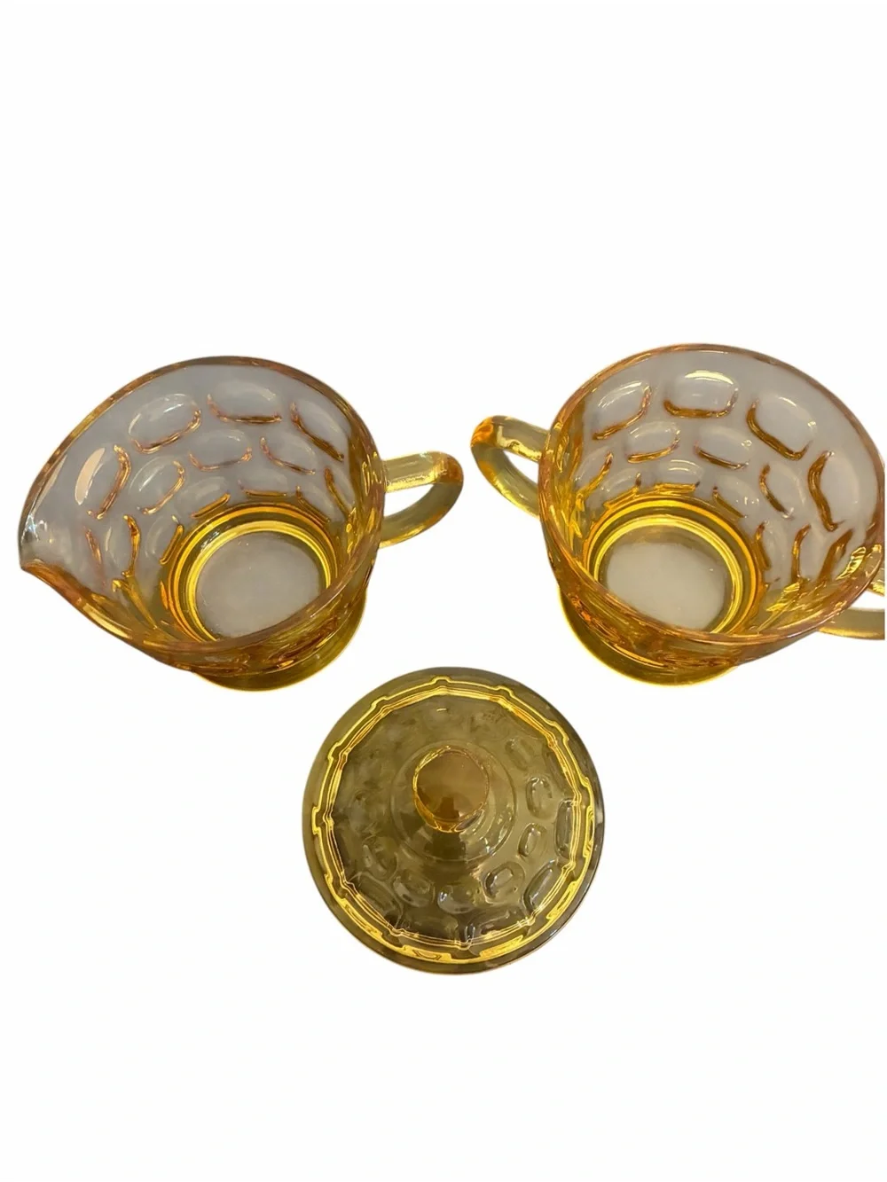 Vintage Amber Glass Thumbprint Creamer and Lidded Sugar Bowl Set Retro Honey